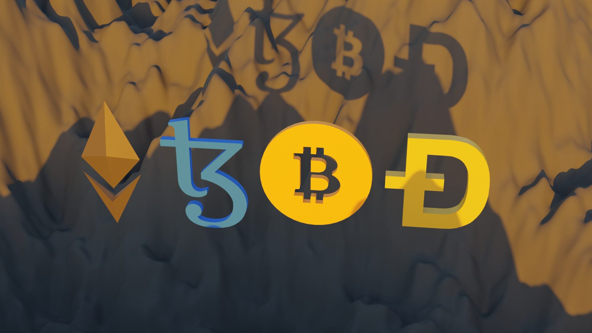 3D illustration of Tezos coin, bitcoin, Ehtereum, and dogecoin. Tezos is a blockchain designed to evolve