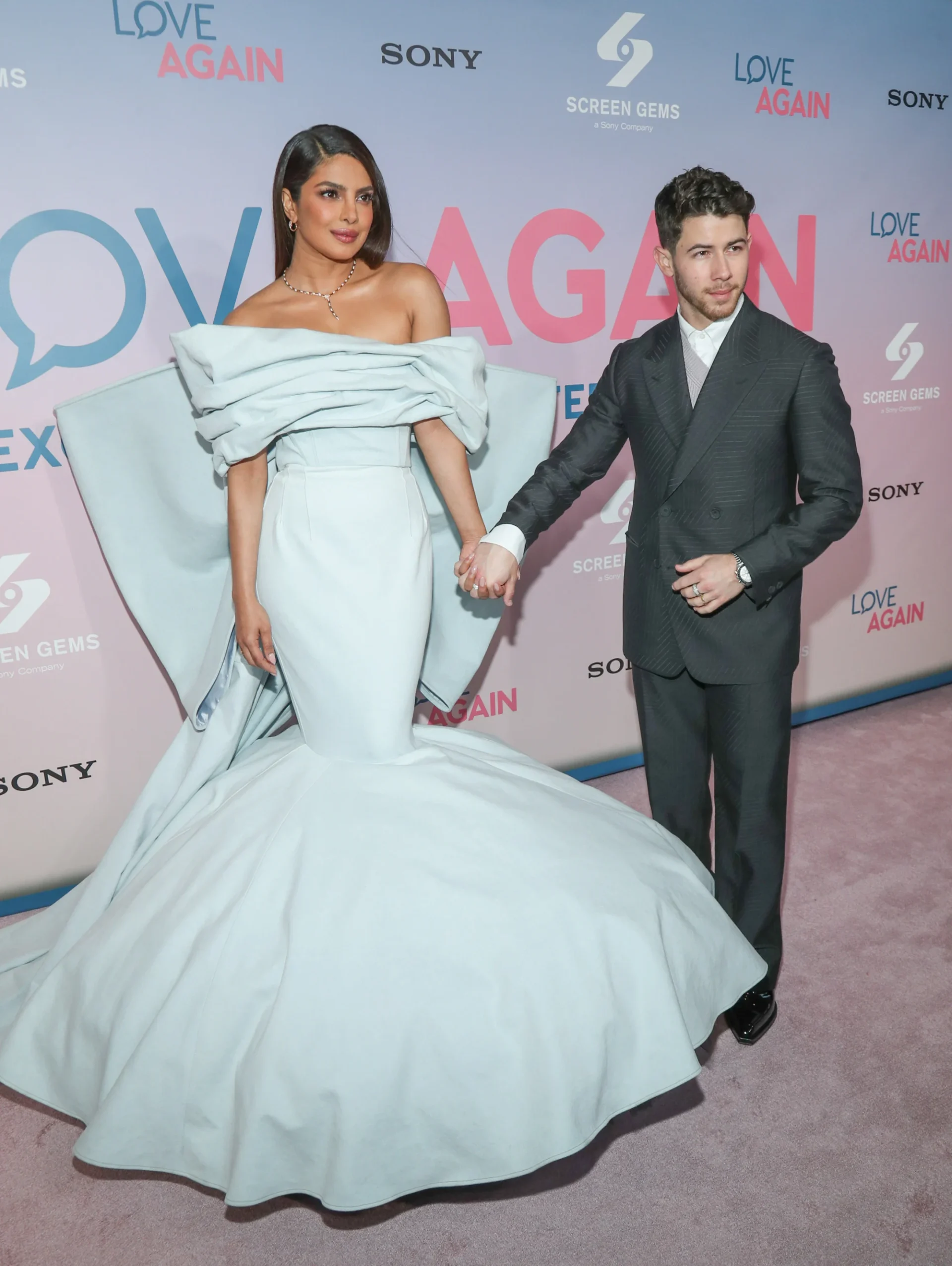 Priyanka Chopra with her husband Nick Jonas at the Love Again premiere in May in New York City.