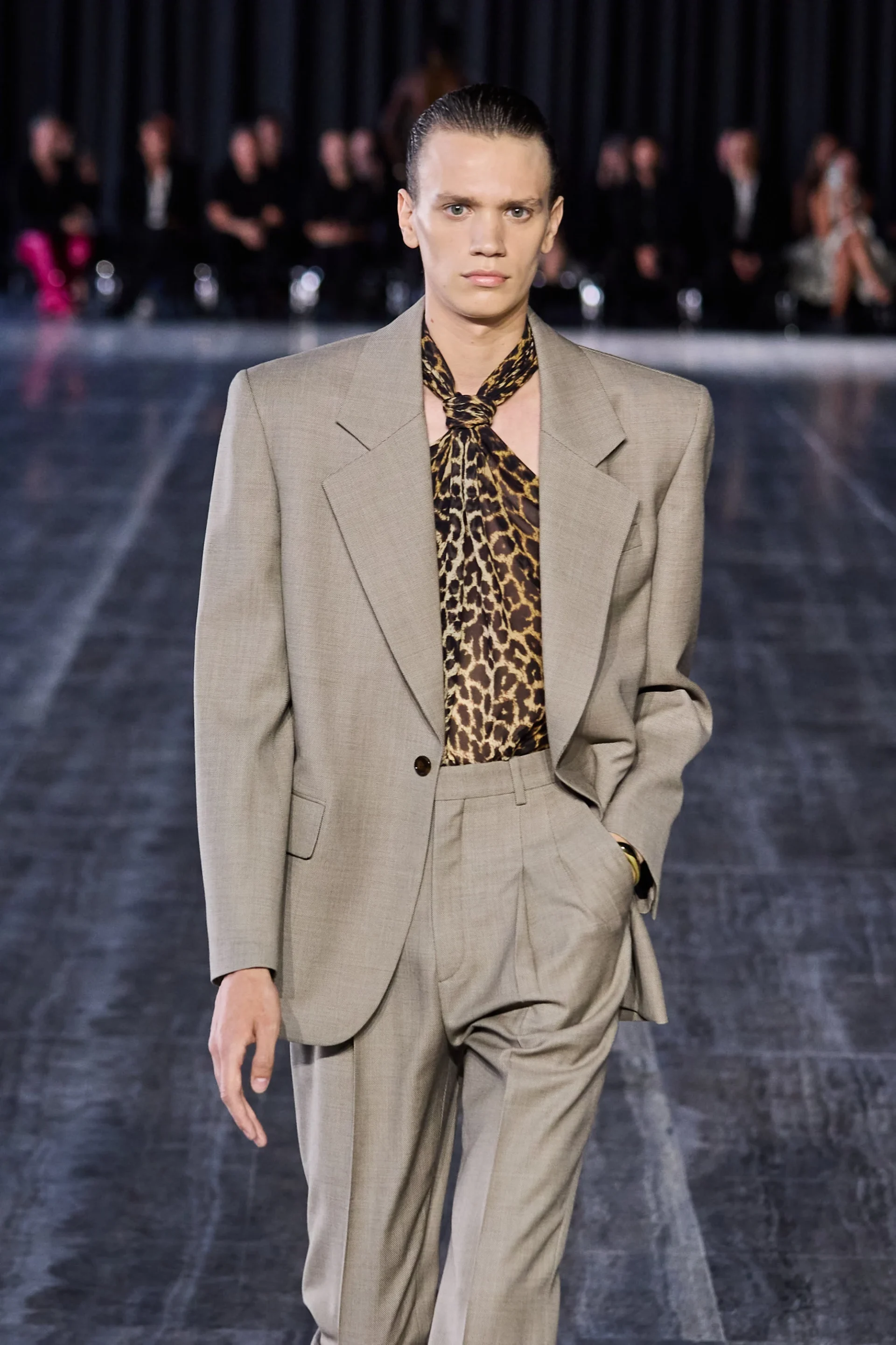 A look featuring a halter neck top from the Saint Laurent spring/summer 2024 menswear fashion show.