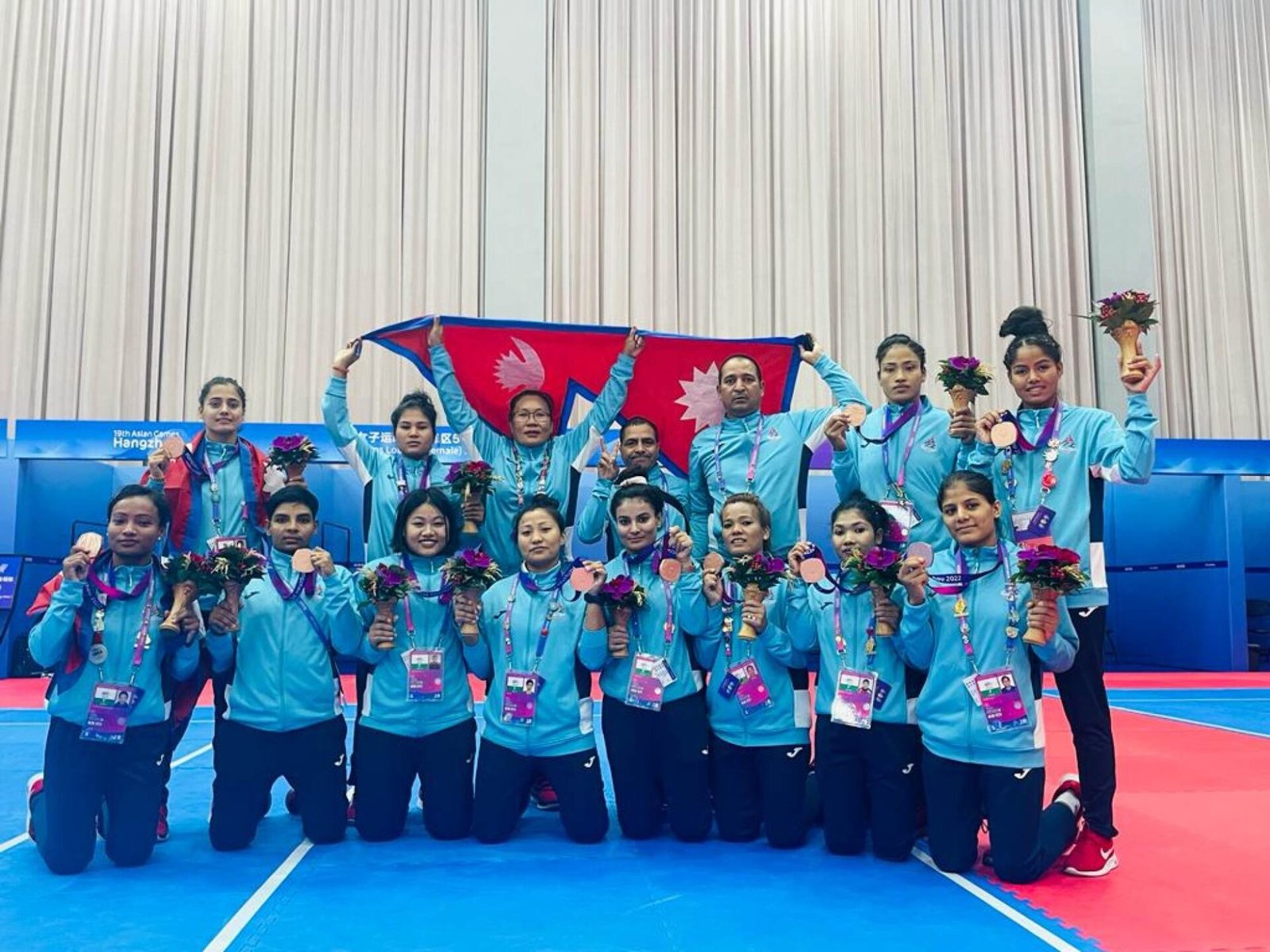 The Nepal women’s kabaddi team after winning the bronze medal at the Asian Games 2023 in Hangzhou. Photo: Anuja Kulung Rai