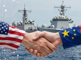 US and China flags, trade, tech, and security imagery.