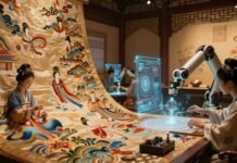 Chinese heritage crafts meet digital innovation in a modern workshop.