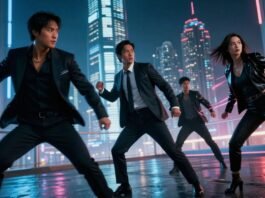 Hong Kong sci-fi film characters in a futuristic cityscape.