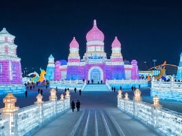 Harbin Ice Festival's glowing ice sculptures and lanterns at night.