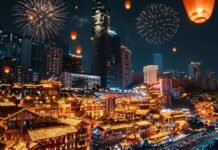 China's New Year celebration with fireworks and lanterns.