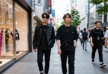 K-fashion stores and shoppers in a bustling Asian city.