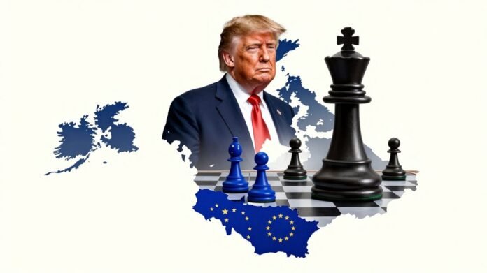 Trump looms over Greenland, Europe as chess pieces.