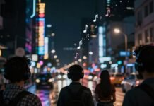 China's music market growth with city lights and people.