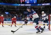 Hilary Knight celebrates scoring a goal for USA Women's Hockey.
