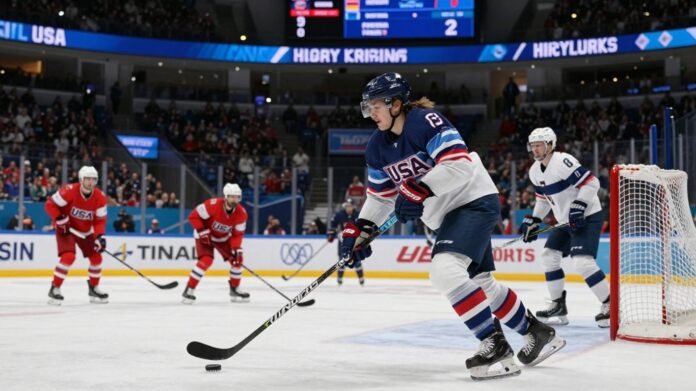 Hilary Knight celebrates scoring a goal for USA Women's Hockey.