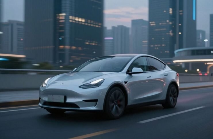Tesla car in a futuristic city at night.