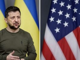 US and Ukraine flags with President Zelenskyy