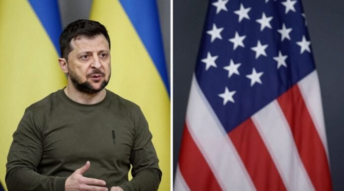 US and Ukraine flags with President Zelenskyy