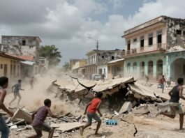Earthquake in Cuba: Buildings shaking, dust rising, ground cracking.