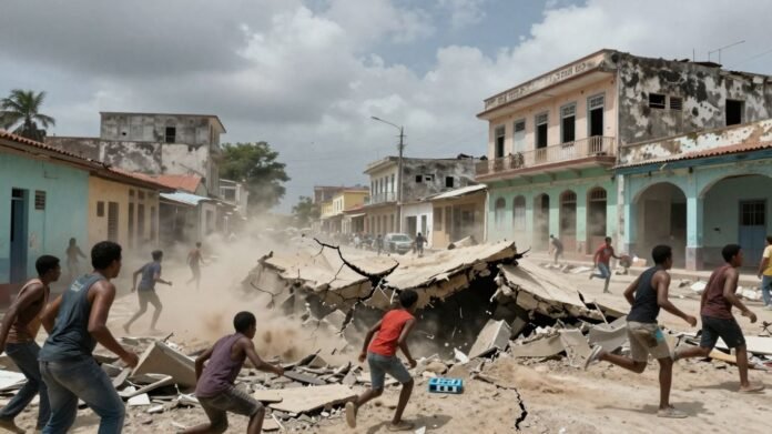 Earthquake in Cuba: Buildings shaking, dust rising, ground cracking.