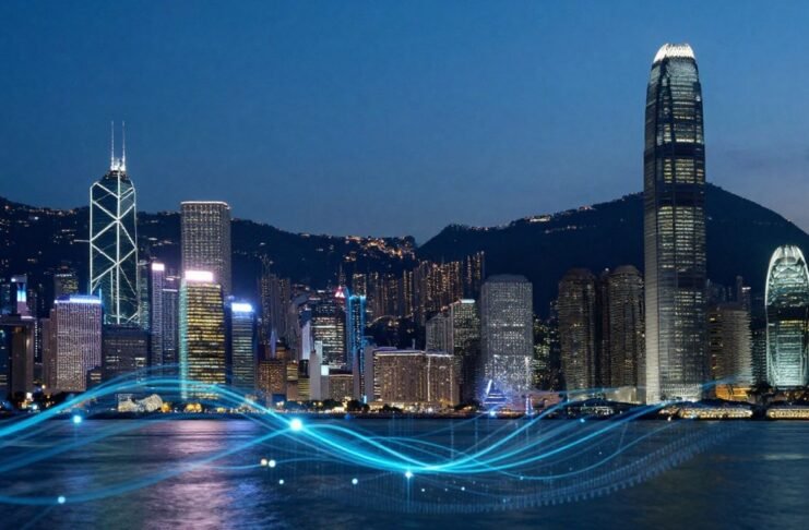 Hong Kong skyline and abstract AI chip technology visuals.