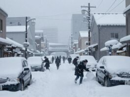 Record snowfall buries Japanese city, causing casualties.