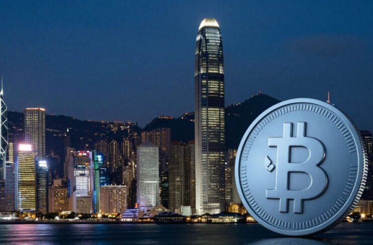 Hong Kong skyline with a digital stablecoin.