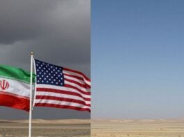 Iranian and US flags, contrasting skies, diplomacy vs tension.