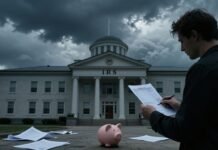 IRS building under storm cloud, tax refunds at risk.