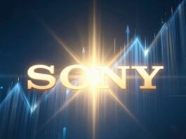 Sony logo with upward streaks, indicating financial growth.