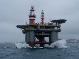 Oil rig at sea with distant city skyline.