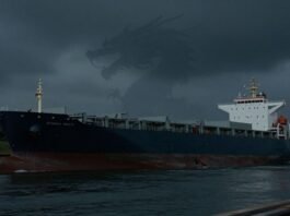 Panama Canal ship with dragon silhouette in background.