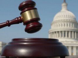 Gavel striking sound block, U.S. Capitol building in background.