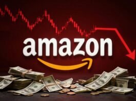 Amazon logo falling with money and red background.