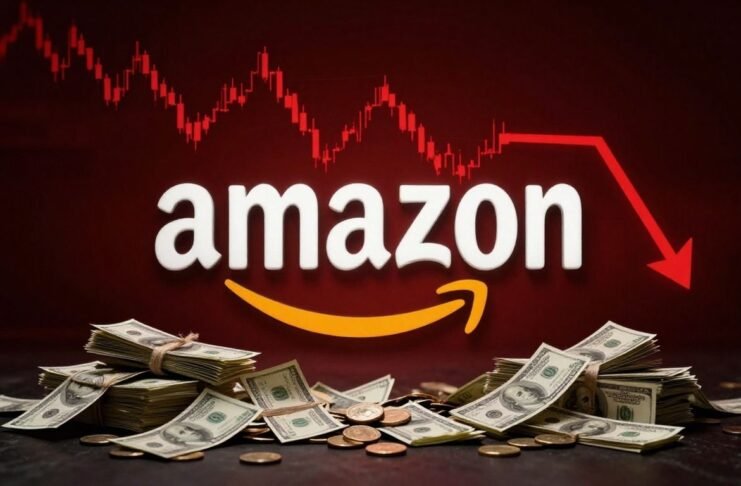 Amazon logo falling with money and red background.
