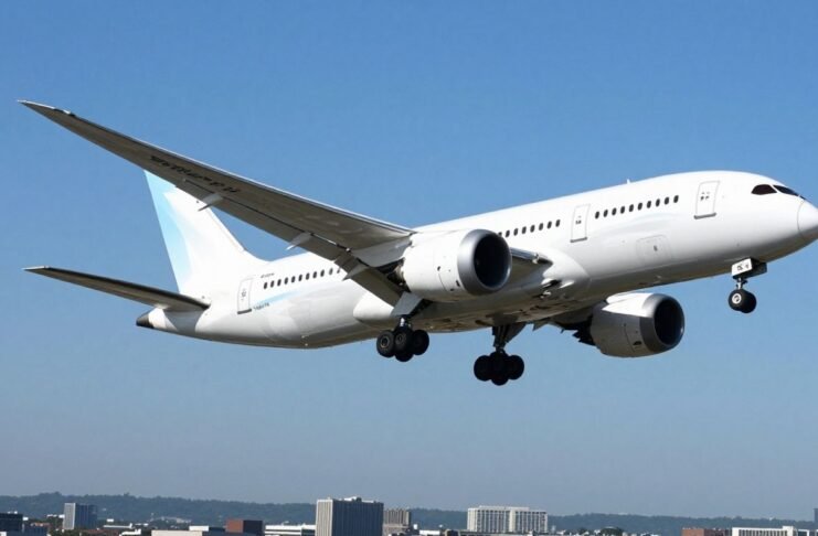 Boeing 787 airplane flying high above a city.
