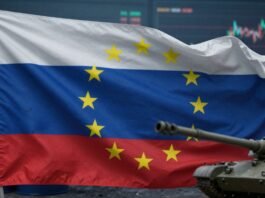 EU flag over Russian flag, oil, finance, war machine.