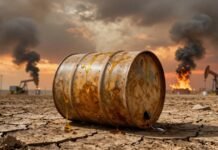 Oil barrel on cracked earth, smoke in fiery sky.