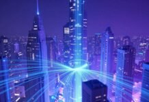 YOFC optical connectivity illuminating AI future cityscape.