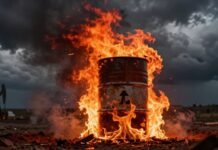 Burning oil barrel with stormy sky, global energy crisis.