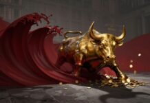 Wall Street bull statue being overwhelmed by a red wave.