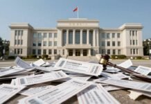 Gavel striking concert tickets, courthouse in background.