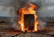 Burning oil barrel on cracked earth, smoke rising.