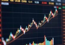 Stock market display with slight upward trend